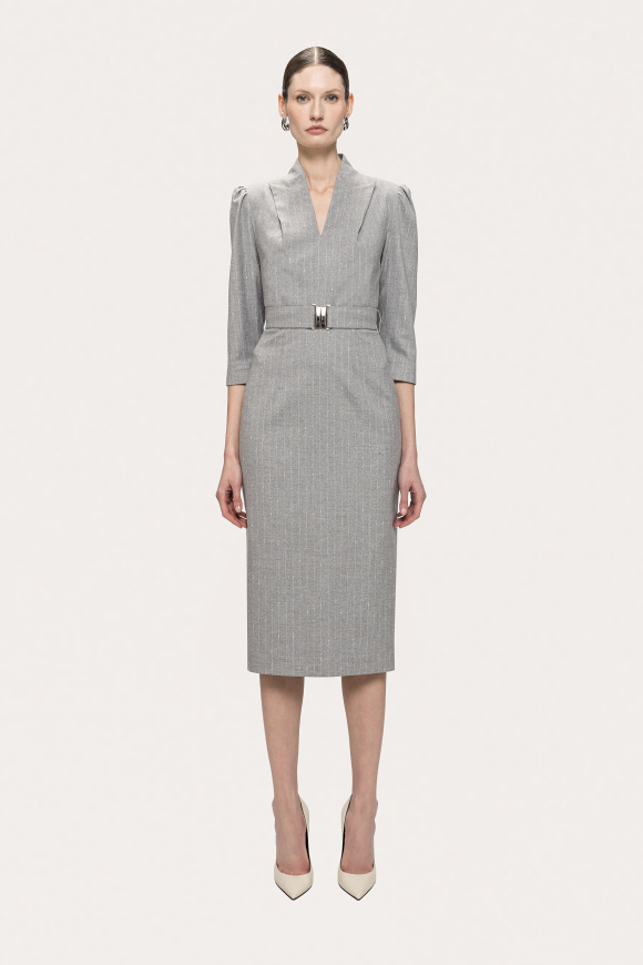 V-neck belted midi dress