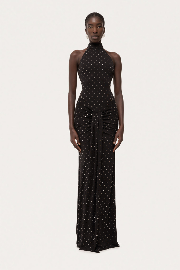 Metallic embellished halter maxi dress