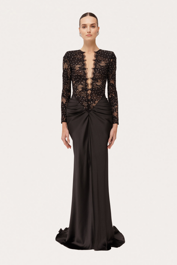 Crystal embellished lace satin maxi dress