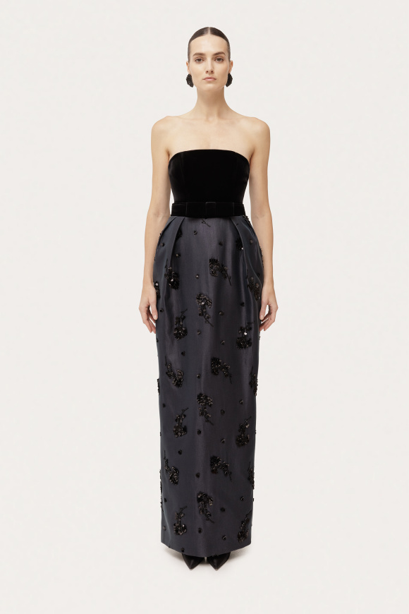 Velvet bodice taffeta maxi dress