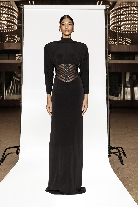 Rochie elastică cu inserţie din tull şi detalii tip corset