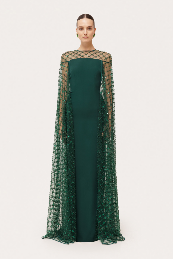 Sequin tulle cape maxi dress
