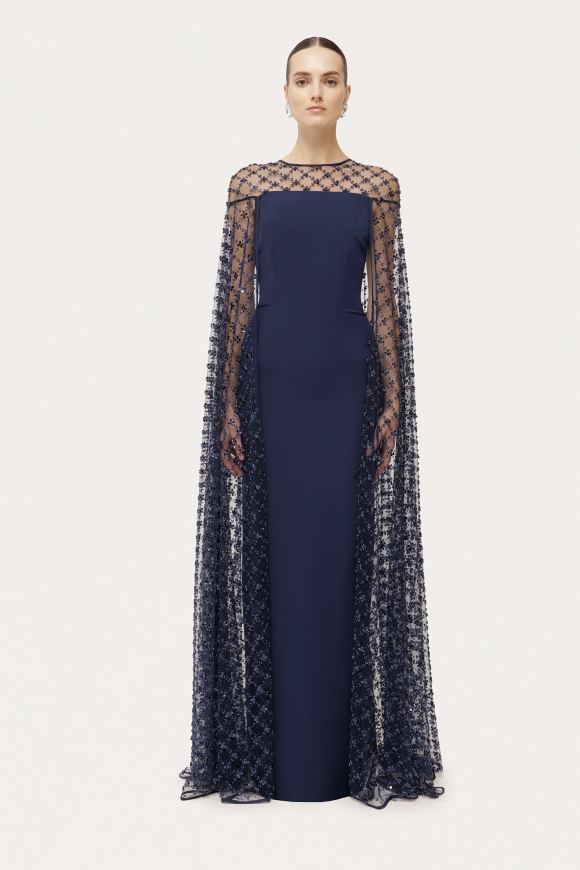 Sequin tulle cape maxi dress