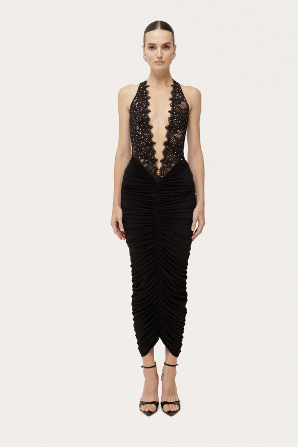 Embellished ruched midi dress