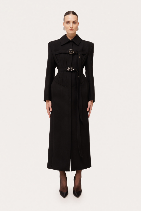 Wool blend corset detail maxi coat