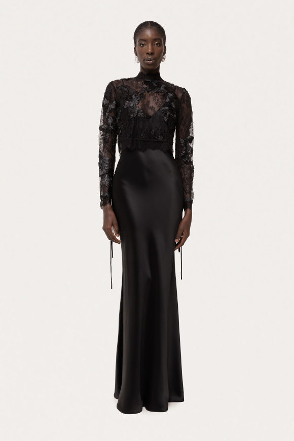 Detachable lace top satin maxi dress