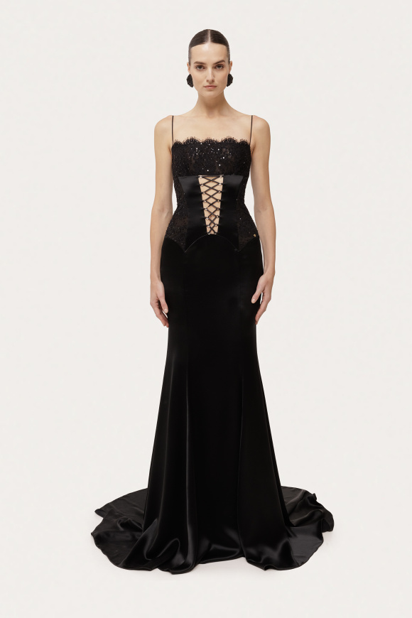 Lace embellished satin corset maxi dress