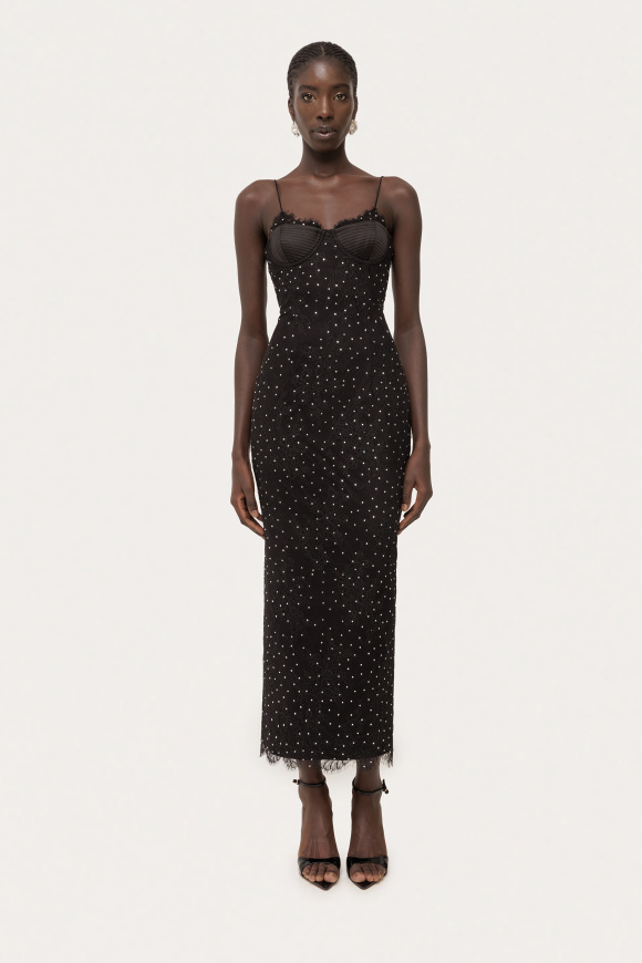Crystal embellished lace corset midi dress
