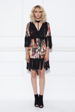 Printed silk dress with fringe detail