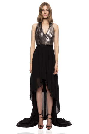 Asymmetric dress with sequin bust