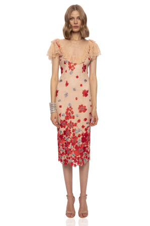 Lace insert floral embroidery midi dress