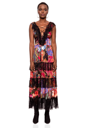 Satin midi dress with lace and tassels