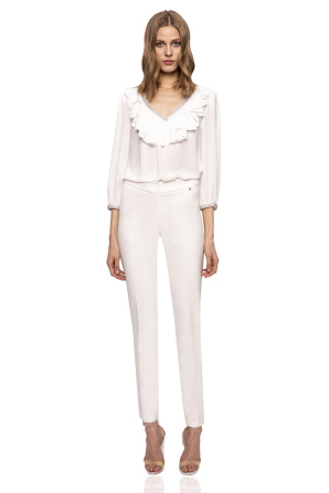 Elegant top with flounces and jewelry type applications