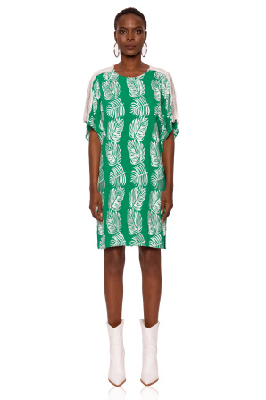 Short viscose dress with fringed shoulder detail
