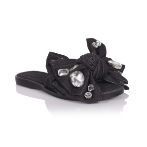 Denim slippers with bow and applied stones