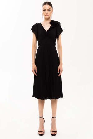 Floral-appliqué pleated dress