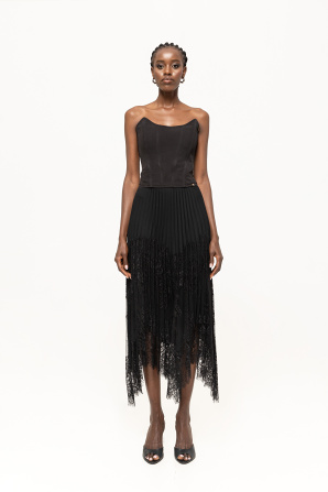 Lace-trim pleated midi skirt