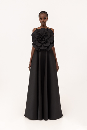 Floral-appliqué taffeta maxi dress