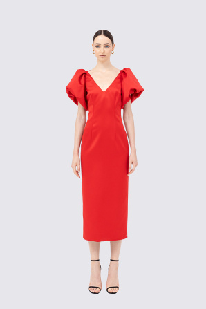Puff sleeves taffeta midi dress
