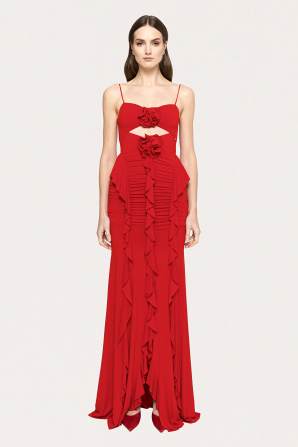 Floral-appliqué ruffled maxi dress