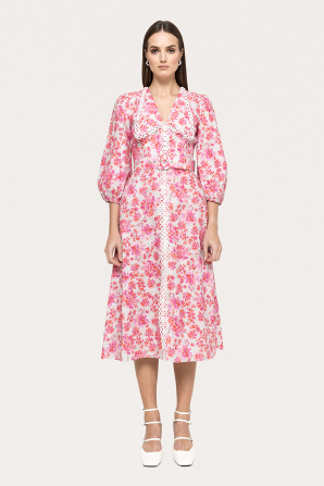 Lace-detail linen midi dress