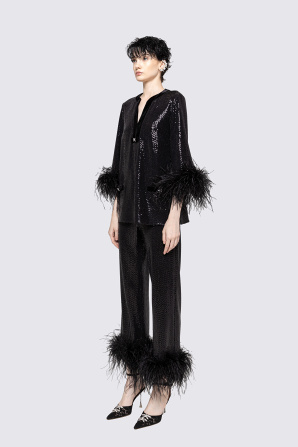 Feather-trimmed sequined pants