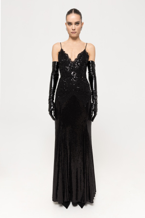 Lace-trimmed sequined maxi dress