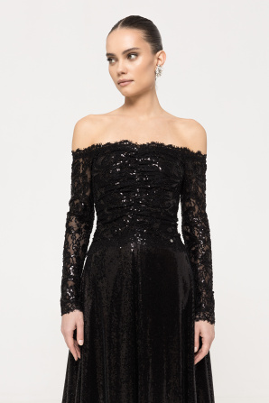 Sequinned off-shoulder midi dress
