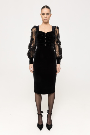 3D-flowers velvet midi dress