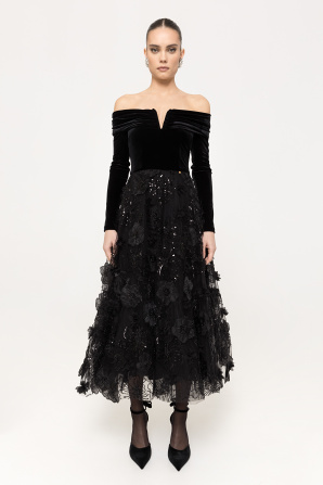 3D floral applique tulle midi dress