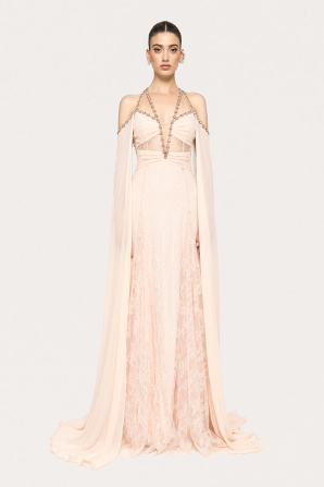 Crystal-embellished open-back lace gown