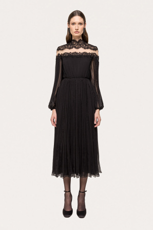 Lace-panel silk midi dress