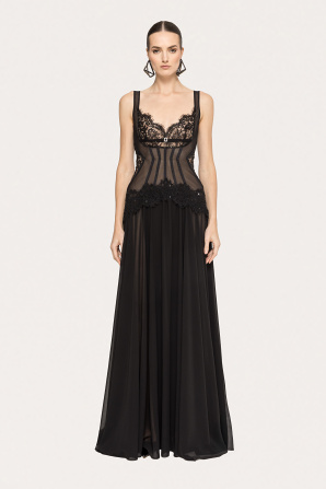 Lace-trim chiffon corset gown