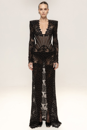 Crystal-embellished lace maxi dress
