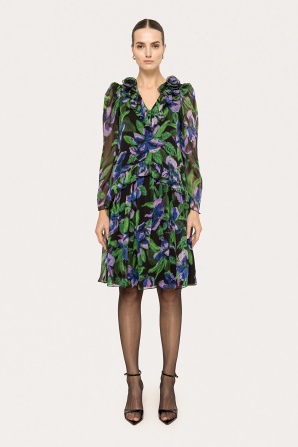 Floral-appliqué silk midi dress