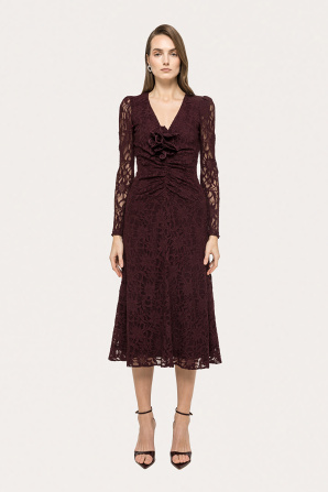 Floral-applique lace midi dress