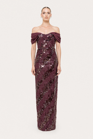 Off-shoulder sequin maxi dress
