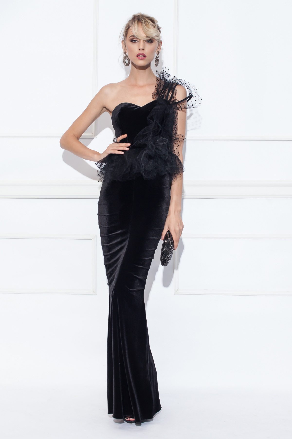Velvet top with polka-dot flocked tulle | TOP8921 | NISSA
