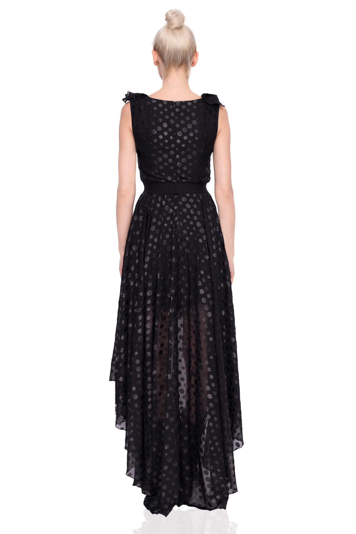 Polka dots asymmetrical dress with neckline ruffle | RS9289 | NISSA Polka dots asymmetrical dress with neckline ruffle | RS9289 | NISSA