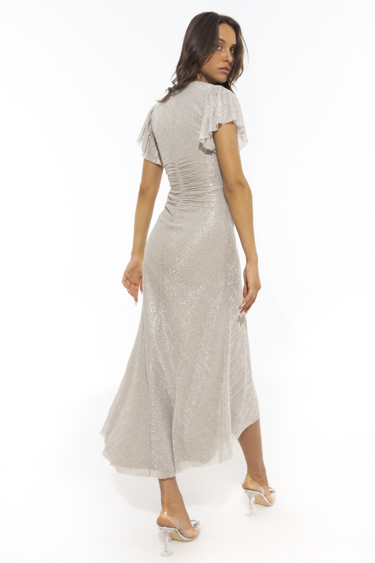 Nichole Short Sleeve Mesh Crystal Embellished Midi Dress