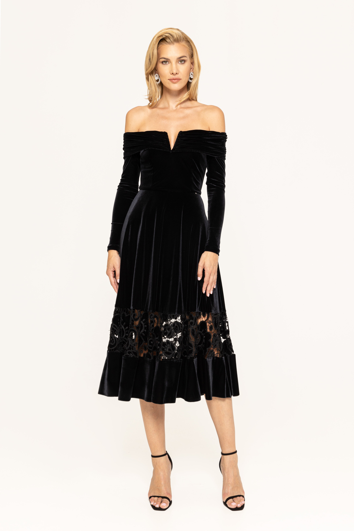 Velvet Off The Shoulder Long Sleeve Midi Dresses