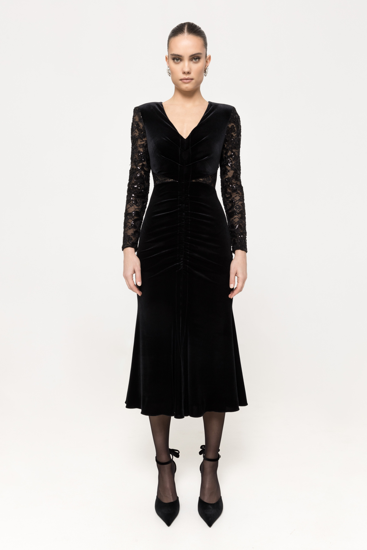 Lace-insert velvet midi dress | RS16083 | NISSA