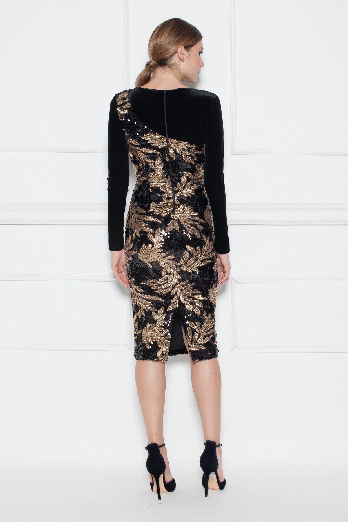 18094 Grey Tassel Sleeve Sequined Slit Dress
